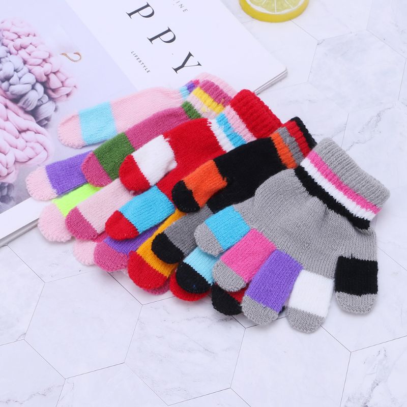 1 Pair Bambini Guanti Guanti Pieni Della Barretta Caldo di Inverno Dei Bambini Colorato Della Banda Lavorato A Maglia Delle Ragazze Dei Ragazzi Solido Guanto Multi Colore