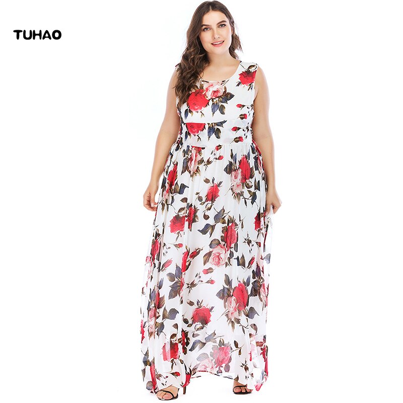Tuhao efterårs maxi lange kjoler plus størrelse 5xl 4xl kjole kvinder ærmeløse kjoler med blomsterprint boheme strandkjole  cm81
