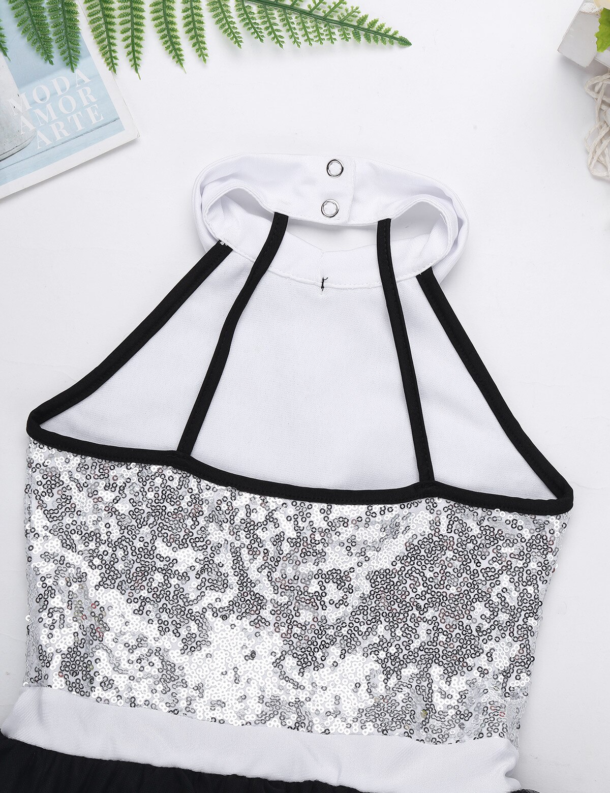 Kids Girls Ballroom Dance Costume Dancewear Shiny Sequins Mesh Decorative Button Ballerina Dance Gymnastics Leotard Tutu Dress