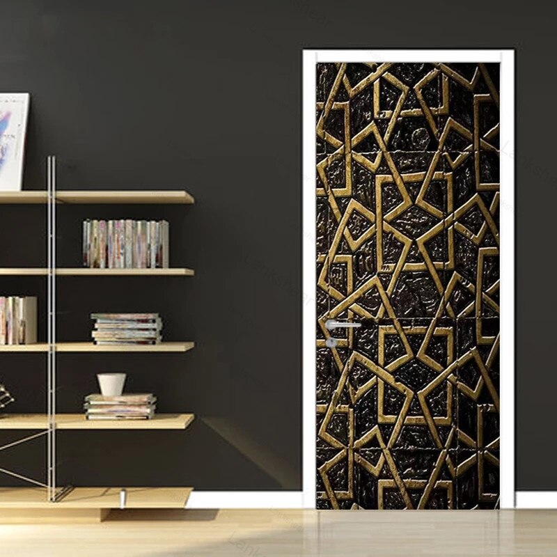 Modern Black Gold Line Geometric Door Sticker 3D Stereo Pvc Self-Adhesive Waterproof Mural Wallpaper Living Room Decor