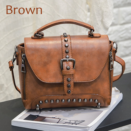 ZMQN Umhängetaschen Für Frauen Schulter Taschen Weibliche Vintage Leder Taschen Frauen Handtaschen Berühmte Niet Kleine Damen A522: Brown