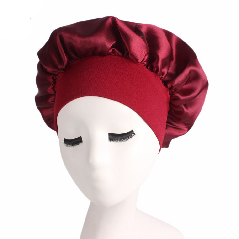 Solid Silk Satin Night Sleep Cap Hair Bonnet Hat Head Cover Wide Band Adjust Elastic: Burgundy