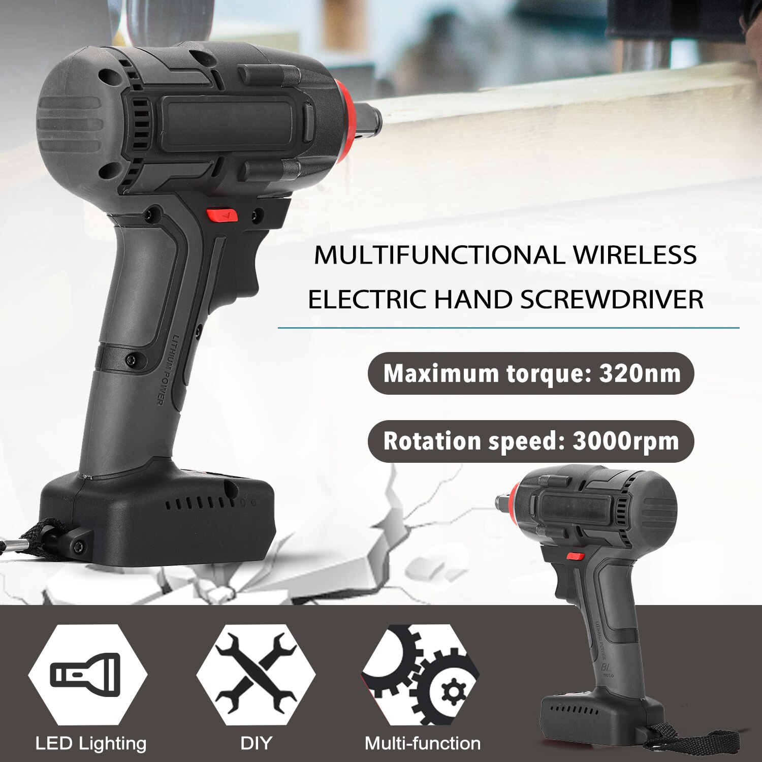 Electric Hand Wrench Electric Rechargeable Cordless Brushless Impact Wrench Multifunction Wireless Home DIY Electric Power Tool