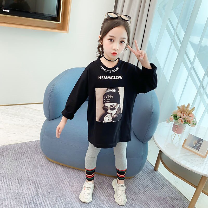 Flickor vår t-shirt långärmad undertröja tjejer fashionabla coola tröjor för flickor svarta toppar t-shirts barnkläder 8 10 12 år