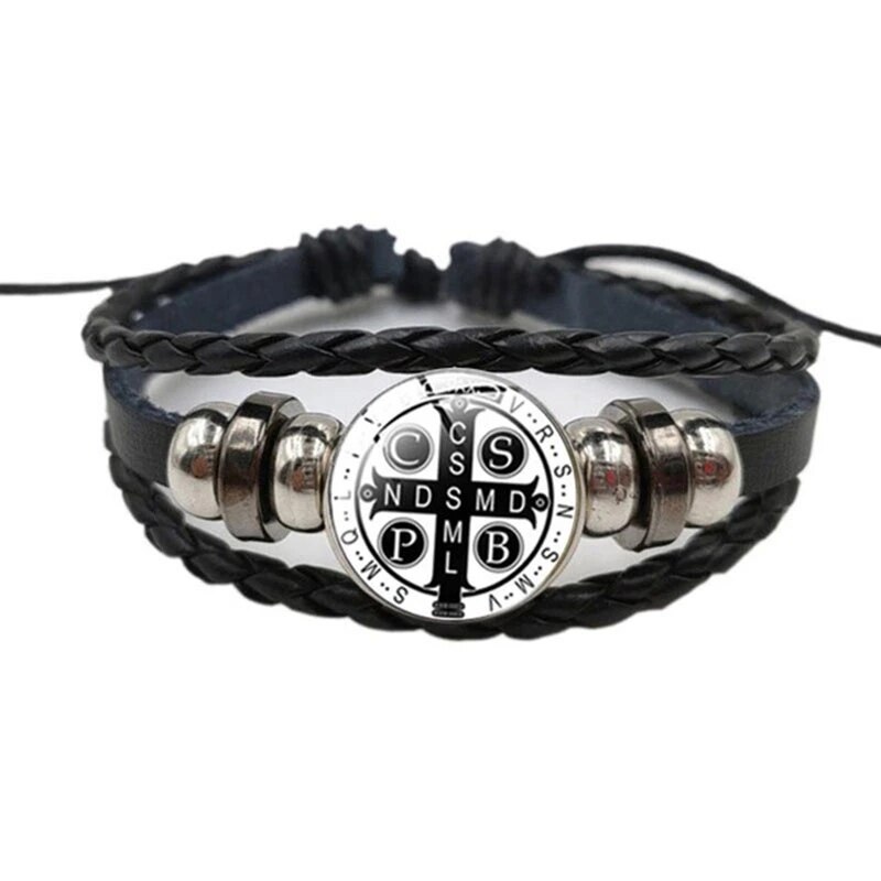 Katholieke Benedictus Exorcism Lederen Armband Nursia Benedictus Christian Patroon Glas Gesp Armband: 5