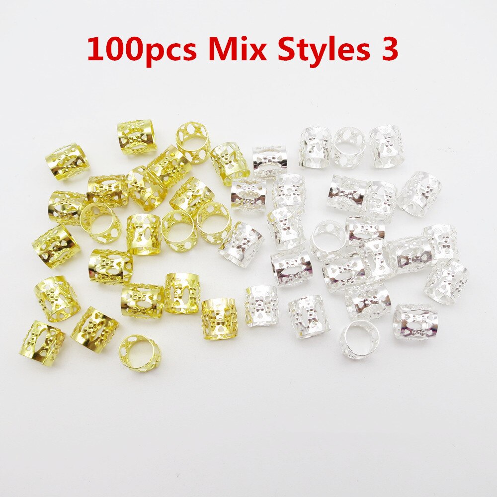 100 stk/lot gylden/sølv justerbar micro viking hår dread fletter dreadlock skjegg perler mansjetter klips ringer for hårtilbehør: 100 stk miks stiler 3