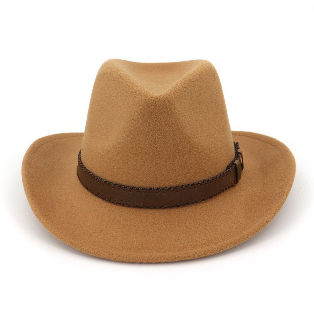 QBHAT-sombreros de fieltro de lana para hombre y mujer, sombrero de fieltro de vaquero con banda de cuero marrón oscuro, gorra Formal de clásica,: camel