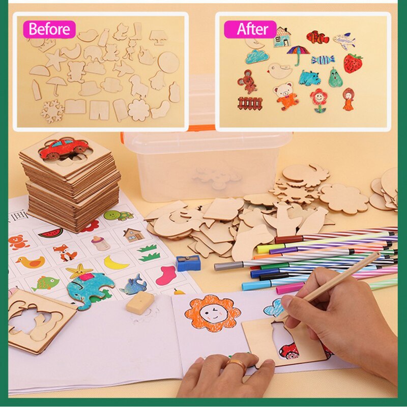 100Pcs Baby Tekening Speelgoed Houten Schilderen Templates Tekentafel Kids Verf Tekening Gereedschap Set Voor Kinderen Educatief Speelgoed