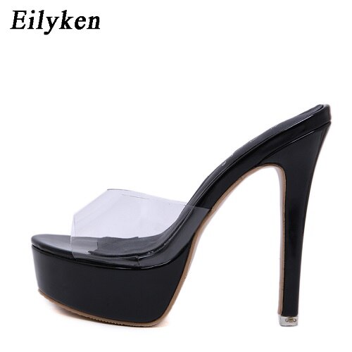Eilyken höga klackar tofflor kvinna peep toe transparent pvc slides skor kvinnliga mulor platåskor kvinnor: Svart / 9