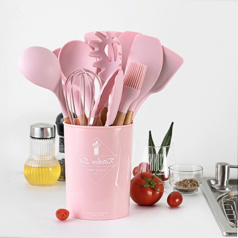 Ensemble d'ustensiles de cuisine en Silicone 11 pièces, poignée en bois massif rose avec boîte de rangement, accessoires d'outils de cuisine Kit de cuisine