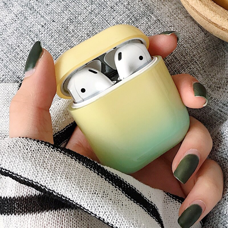 1/5PSC chiaro caso per caso sveglio di airpods Liscia gradiente della copertura per airpods 2 di tappo per orecchie Anti-perso rope copertura di caso di sport per airpods 2 caso: Set A Yellow-Green