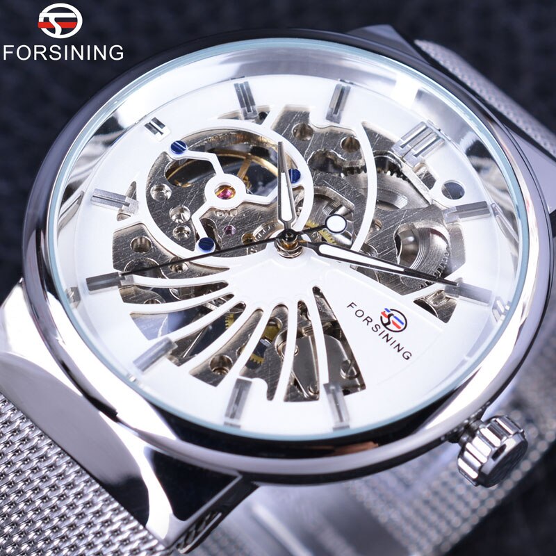 Forsining Luxe Dunne Case Unisex Waterdicht Heren Samll Wijzerplaat Horloges Top Luxe Mechanische Skelet Horloges: White