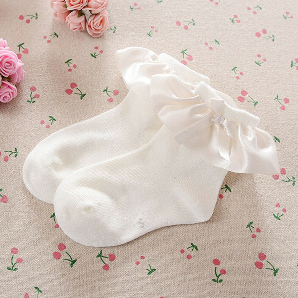 Mooie babysokjes voor peuters, tutu, strik, katoenen kant, pasgeboren babysokjes met ruches, katoenen korte sokjes: Wit / Ik