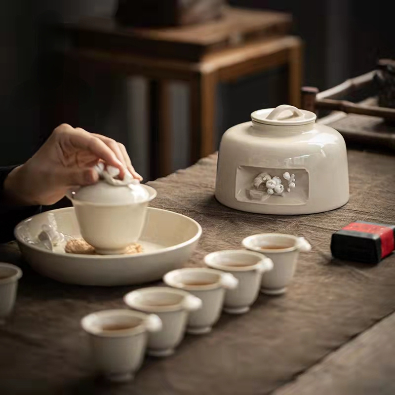 Handmade Pinch Flower Gaiwan Ceramic Tea Cup and Pot Holder Set Kung Fu Tea Set Tea Bowl Chinese Tea Maker Teacup Tea Canister