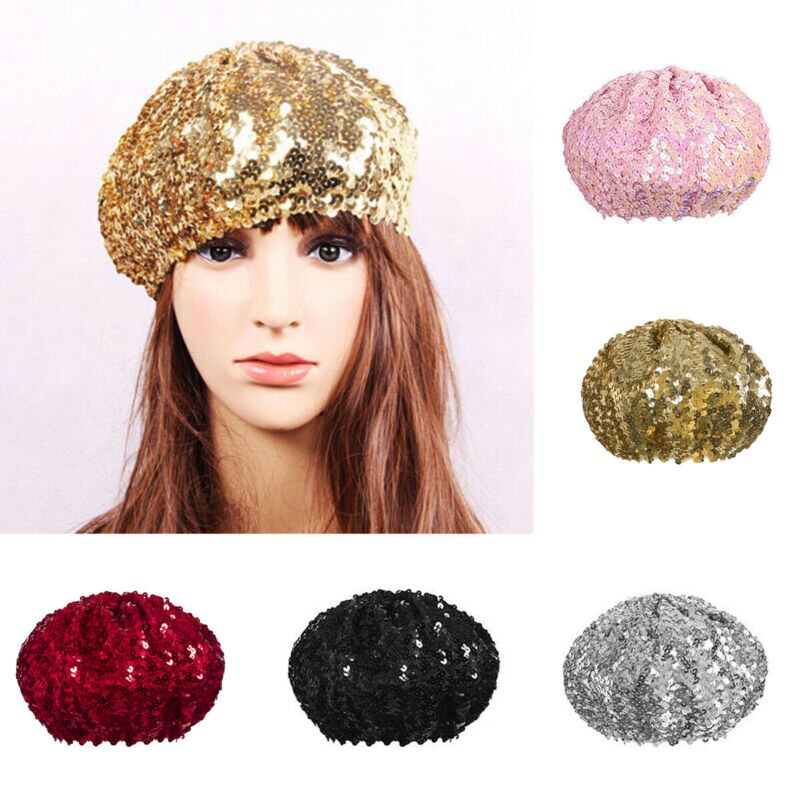 Cheap Women Sequins Beret Female Bonnet Caps Sequins diamond decoration All Matched Dance Party Walking Hat Cap