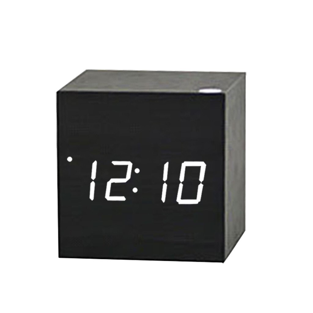 Voice Control Led Clock Luminous Square Wooden Clock Wooden Alarm Clock Silent Temperature Alarm White/Black/Brown: Black