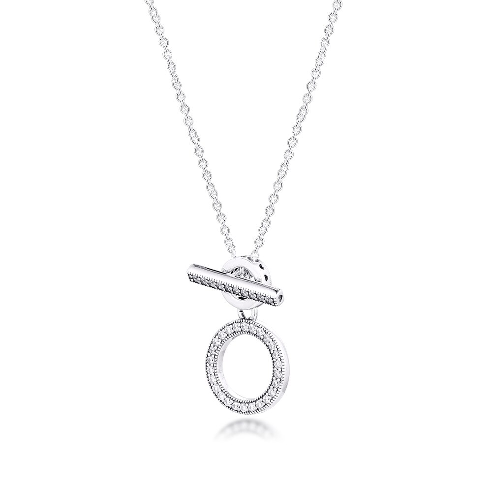 925 Sterling Silver Double Hoop T-bar Necklace Clear CZ Chain Pendant Necklaces for Women Fine Jewelry collier