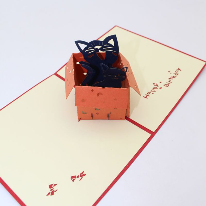 E8BD Handmade 3D Pop Up Cat Hidden In Box Greeting Card With Envelope Invitation Birthday Christmas Wedding Party Decoration