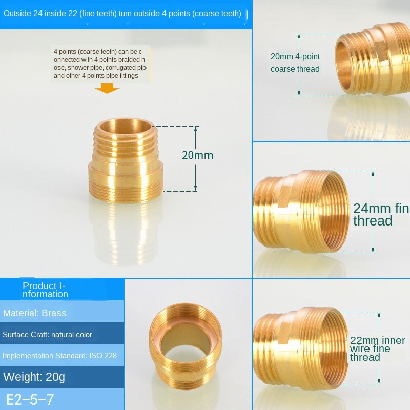 Wasserhahn-Adapter, passend für Wasserreiniger, M20/22/24, Außendraht, feiner Zahn-zu-Innendraht, 1/2 Zoll dicker Zahn, Kupfer: grau