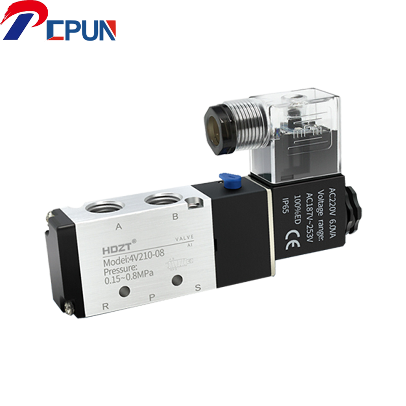 4 v 210-08 2- positions 5- vejs pneumatisk magnetventil  dc12v dc24v ac110v ac220v- vejs aluminiumslegeringshus med flere spændingsmuligheder