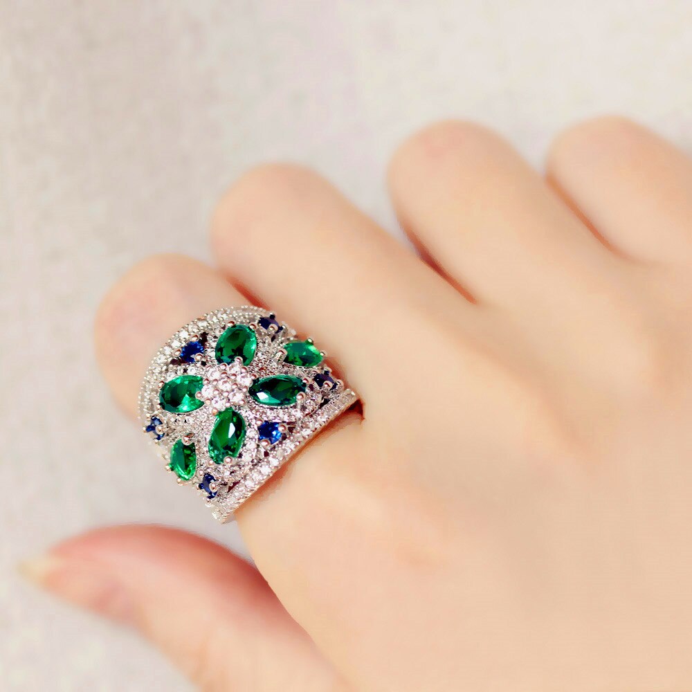 Charme Weibliche Grün Blau Stein Ring Silber Farbe Große Hochzeit Ring Versprechen Liebe Engagement Ringe Für Frauen