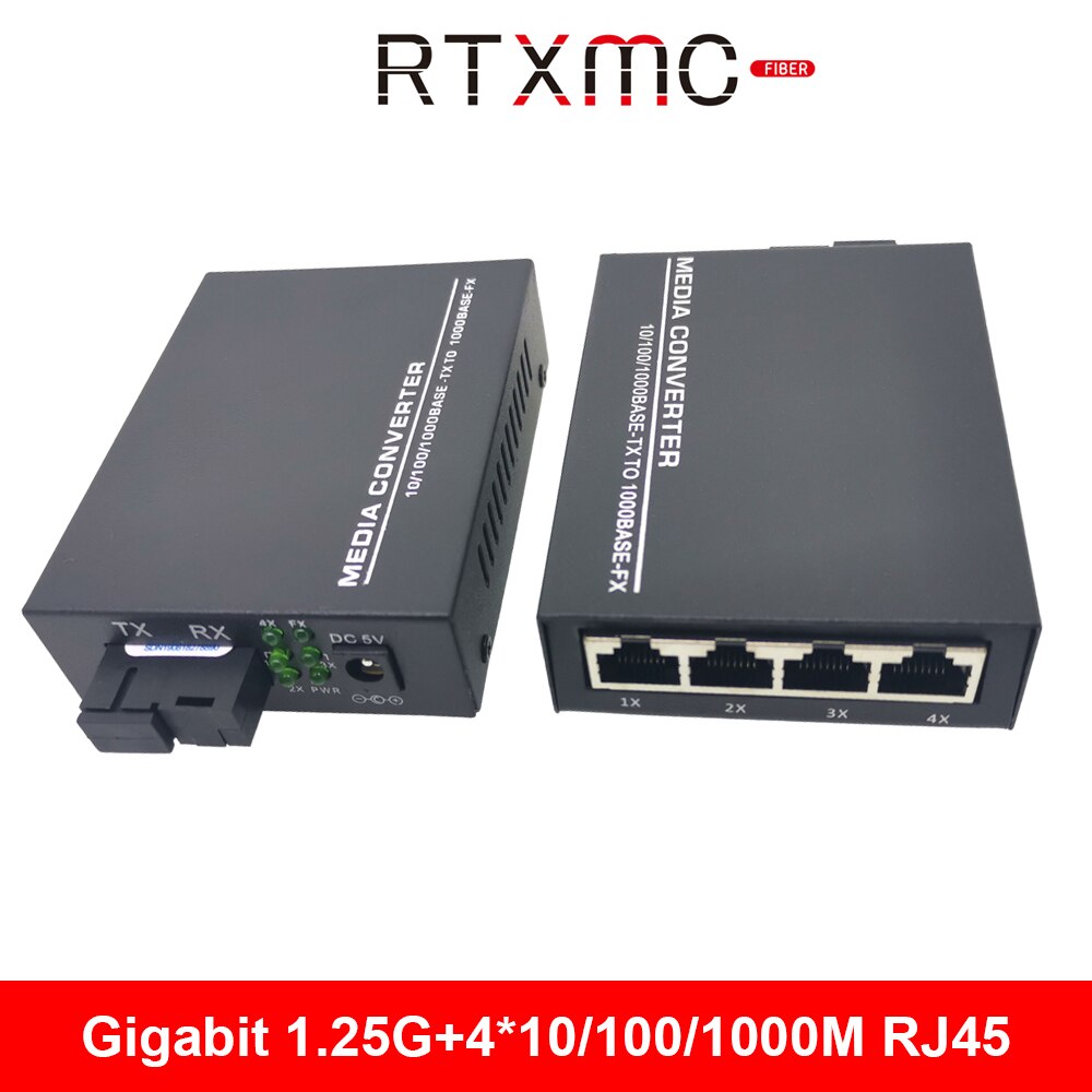 2PCS Fiber 1G4E 1.25G Fiber 4 port 10/100/1000M Gigabit Ethernet Switch 4Port 1.25G fiber 4 RJ45 fiber Media Converter
