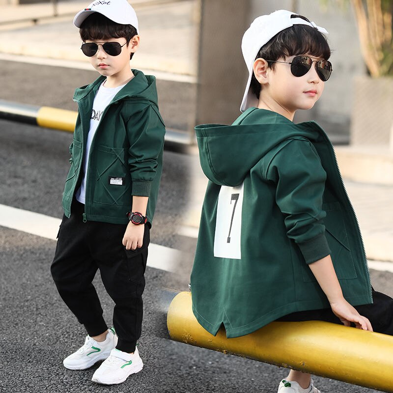 INS Boys Outdoor Jackets 4-13 year old Korean Sping and autumn jacket boys Hooded Solid color stitching pocket kids coat