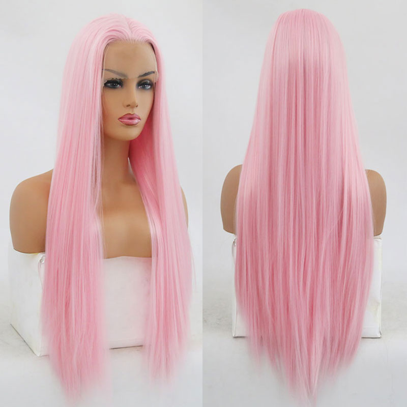 Peluca con malla frontal sintética recta de color rosa para bebé de Bombshell, pelo de fibra resistente al calor, peluca de corte medio Natural para pelucas de mujer