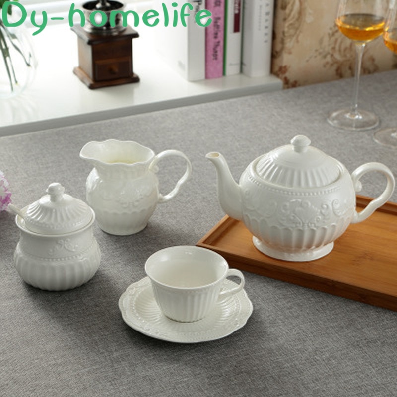 Europese Paleis Reliëf Blad Patroon Witte Keramische Koffie Thee Set Restaurant Huishouden Bone China Koffie Pot Cup Toffee Jar