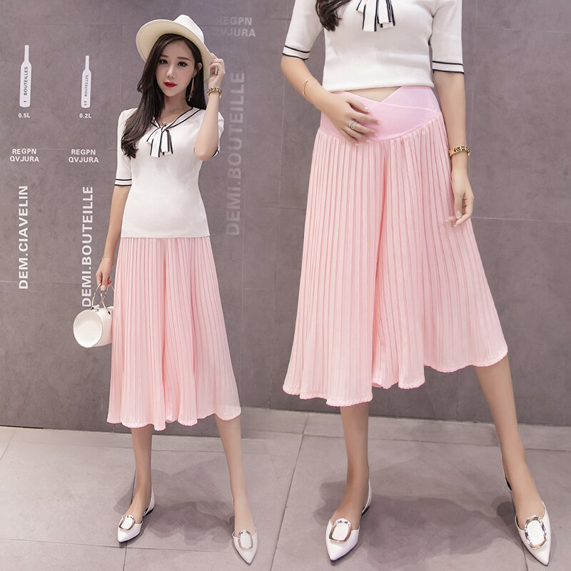 Sommer gravide kvinder bukser ensfarvet kryds lavtaljet patchwork chiffon plisserede bukser barsel brede ben capris: Lyserød / M
