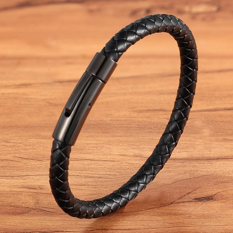 Mannen Armband Rvs Eenvoudige Knop Sluiting Zwarte Lederen Armband Voor Mannen Sieraden: black