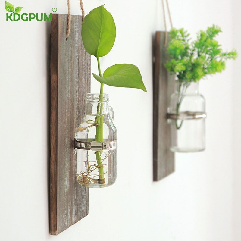 Glass and Wood Vase Terrarium Vertical Wall Hanging Hydroponics Plant Bonsai Flower Pot Planter 3 Choices Available Home Decor