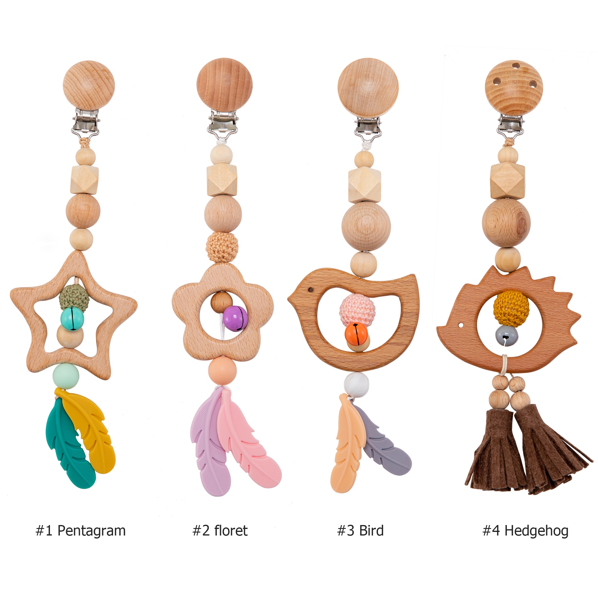 1pc baby træbitring dyr stjerne mobilholder tændingsvedhæng træ gym gnaver musik rangle silikone perler halskæde klips