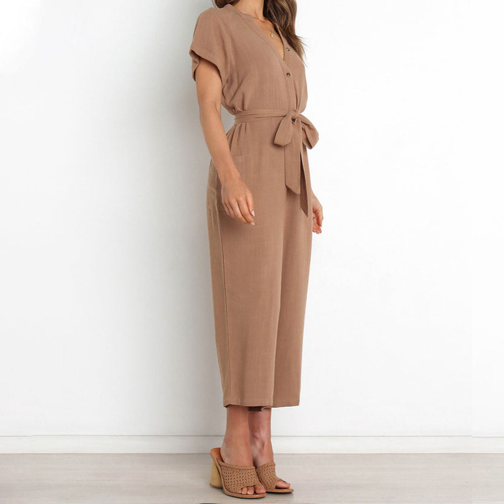 Women's Summer Jumpsuit Short Sleeve V Neck Loose Fit Tie Waist Overall Pants Woman's Costume with Pockets Wide Leg