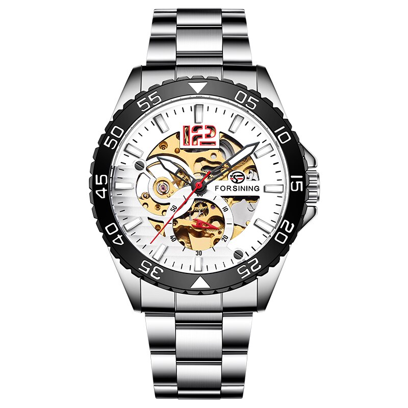 Mode Forsining Heren Sport Automatic Skeleton Horloge Blauw Rvs Mechanische Lichtgevende Waterdichte Horloges: silver white