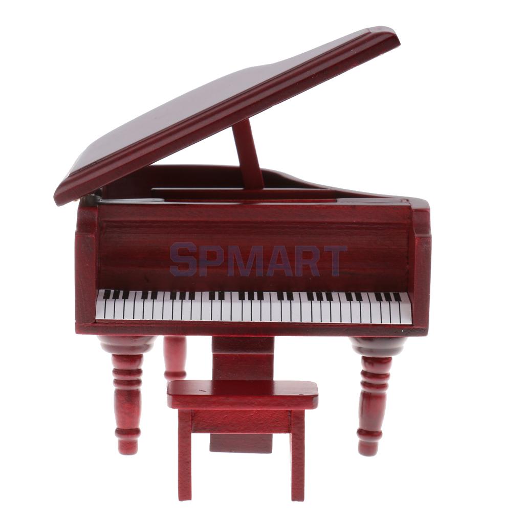 1/12 Schaal Dollhouse Miniatuur Houten Piano Met Kruk Set Voor 12th Poppen Huis Decoratie Accessoires