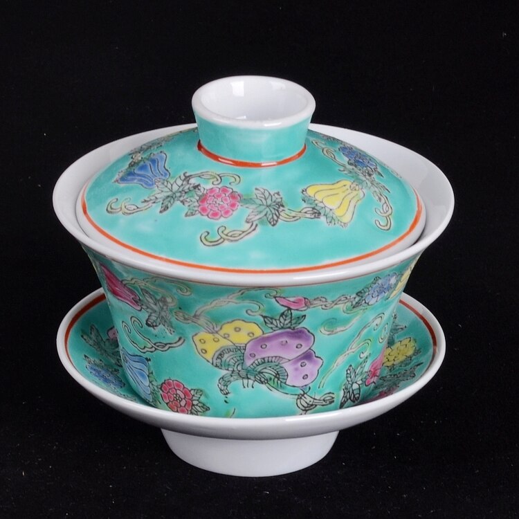 Jingdezhen Factory Made Porcelain Hand-painted White Melon Butterfly Cover Bowl Tea Bowl: green