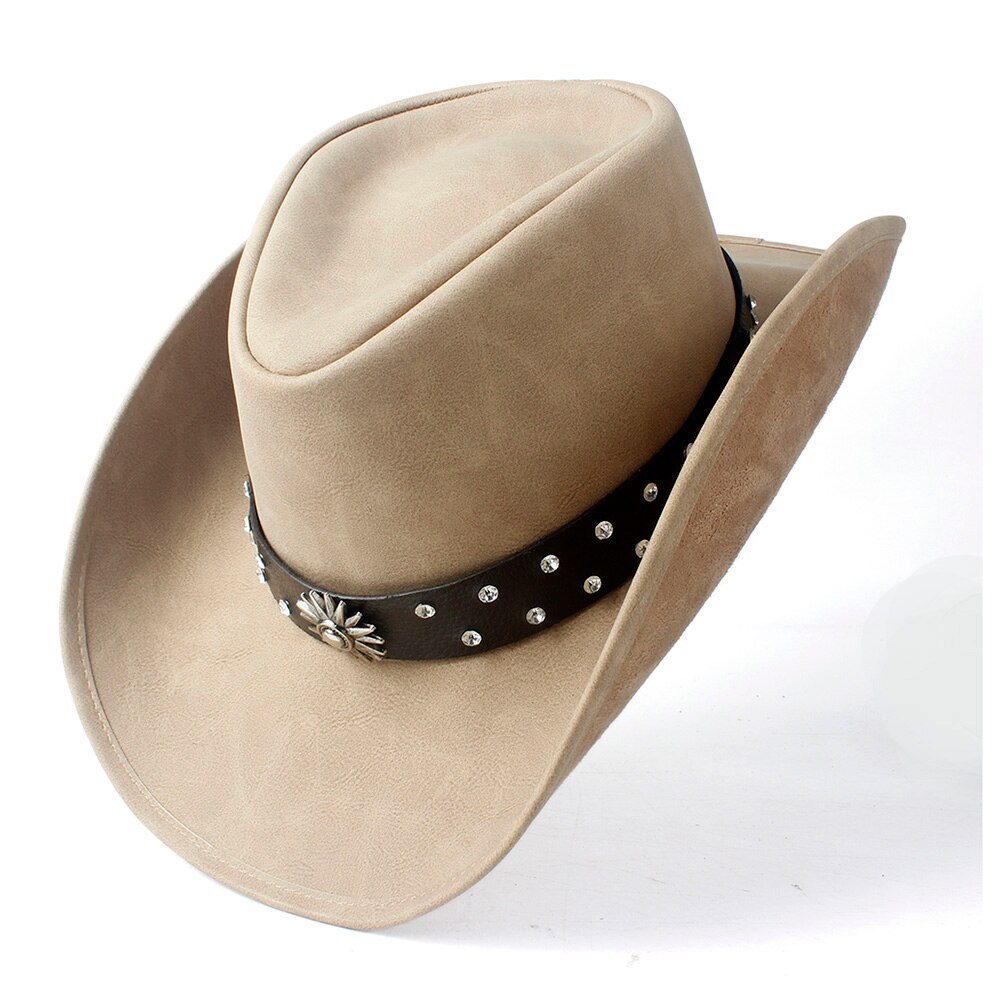 Retro Unisex Western Cowboy Cowgirl Hat With Punk Leather Ribbon Lady Dad Sombrero Cap Roll Up