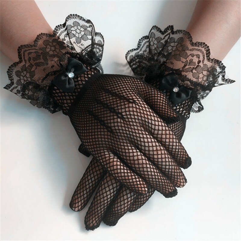 Gants d'été en résille pour femmes, 1 paire de gants de danse, pour écran tactile court, fête de la mariée, demi-doigt, en Tulle: Black
