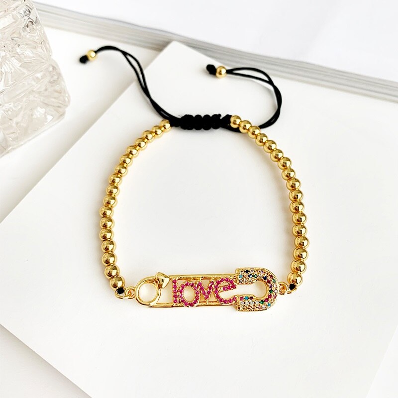 Gold Copper Inlaid Zircon Beaded Pin Letter Love Bracelet Bracelet Women CZ Rainbow Turkish Blue Eye Bracelet Girls: Love black