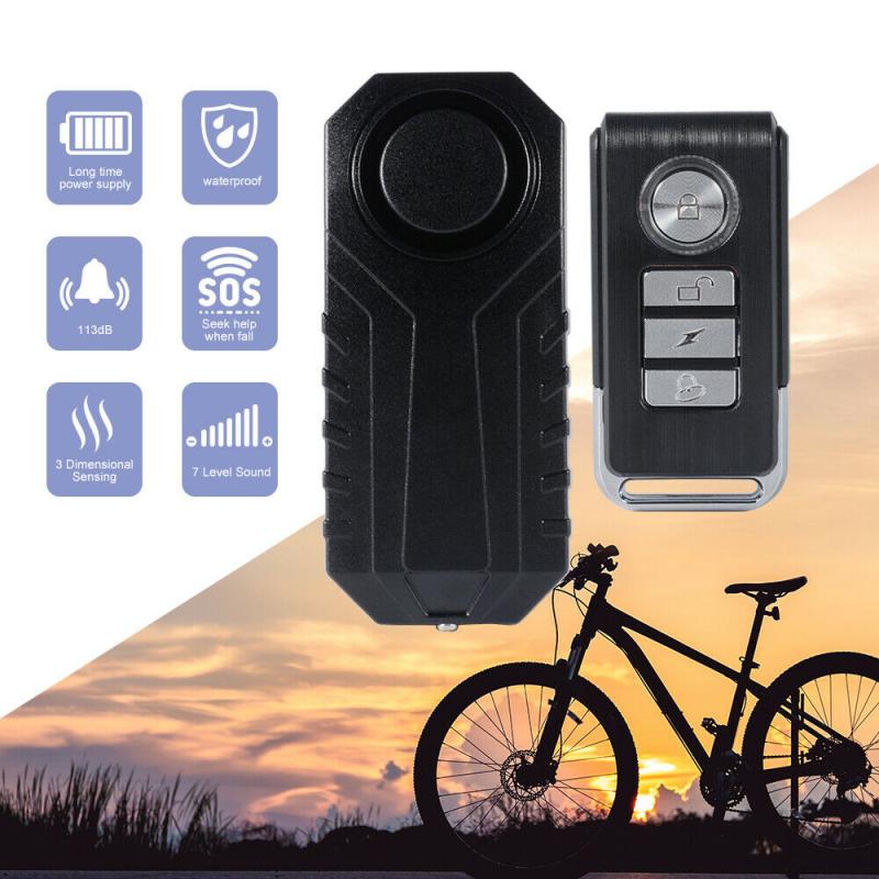 Snabbt skepp! 113db trådlösa larm stöldskydd vibrationer motorcykel cykel vattentät säkerhetssensorer cykel larm med fjärrkontroll