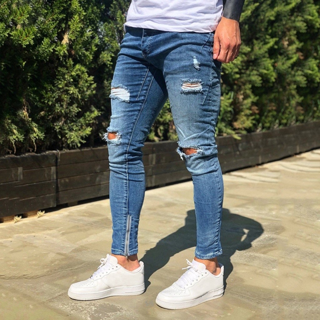 denim jeans men stretch Hole Trouser Distressed ripped jeans Long Pencil Pants Streetwear kot pantolon erkekler#g2