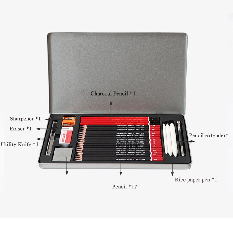 30 Pcs Sketch Pencil Set Sketching Drawing Set Kit 2B 3B 4B 5B 6B 8B HB 2H 3H Pencils School Students Art Supplies