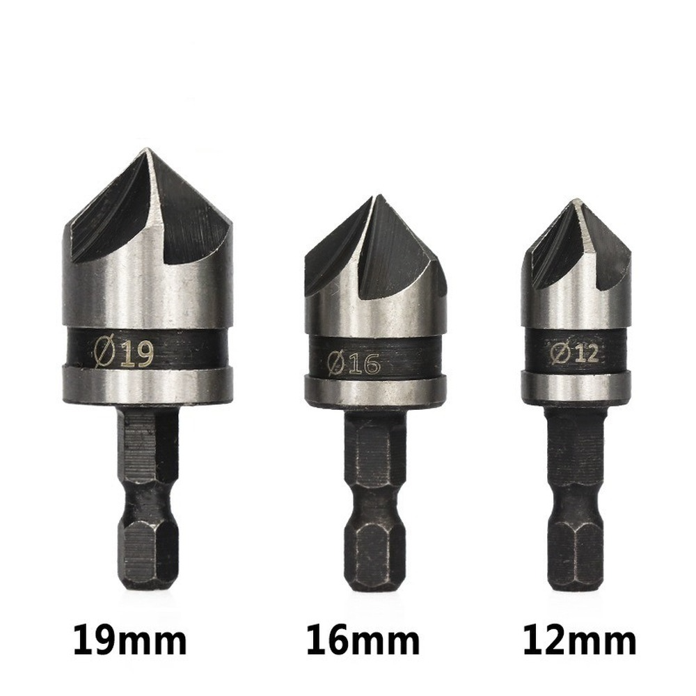 12/16/19mm 5/7 Flute 90 Degrees Chamfer Drill Bit Set Wood Working Carbon Steel Drill Bit Cutter Countersink Drill Bit Set
