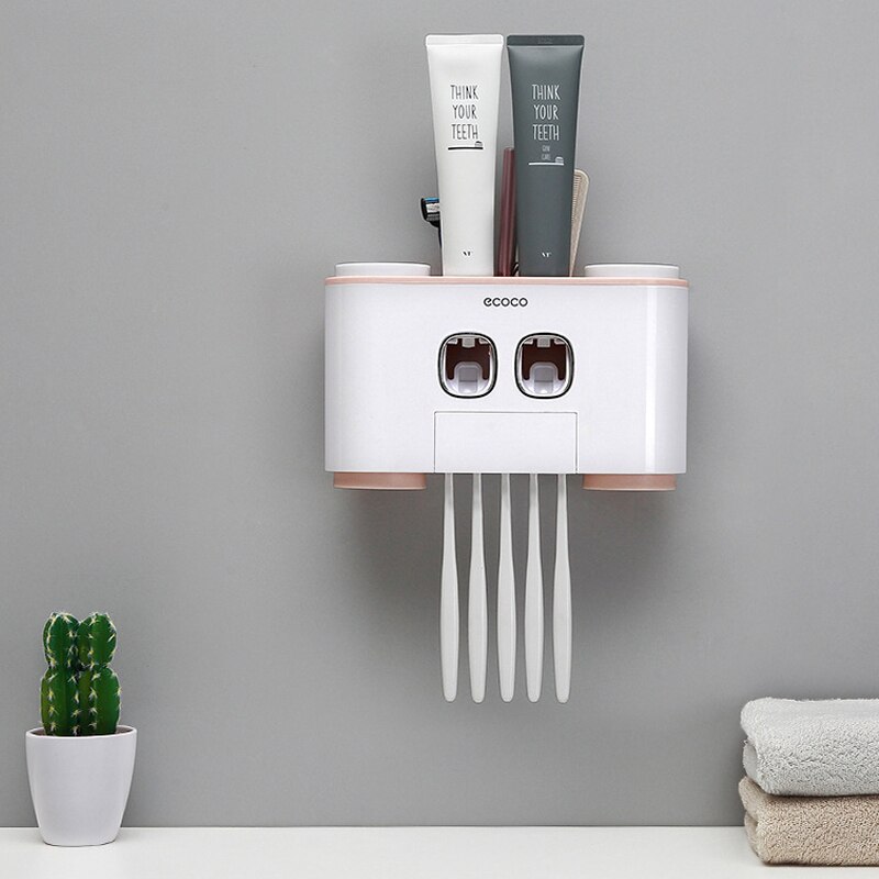 Automatic Toothpaste Dispenser 4 Toothbrush Holders Bathroom Toilet Wall-mounted Toothbrush Storage Toothpaste Squeezer