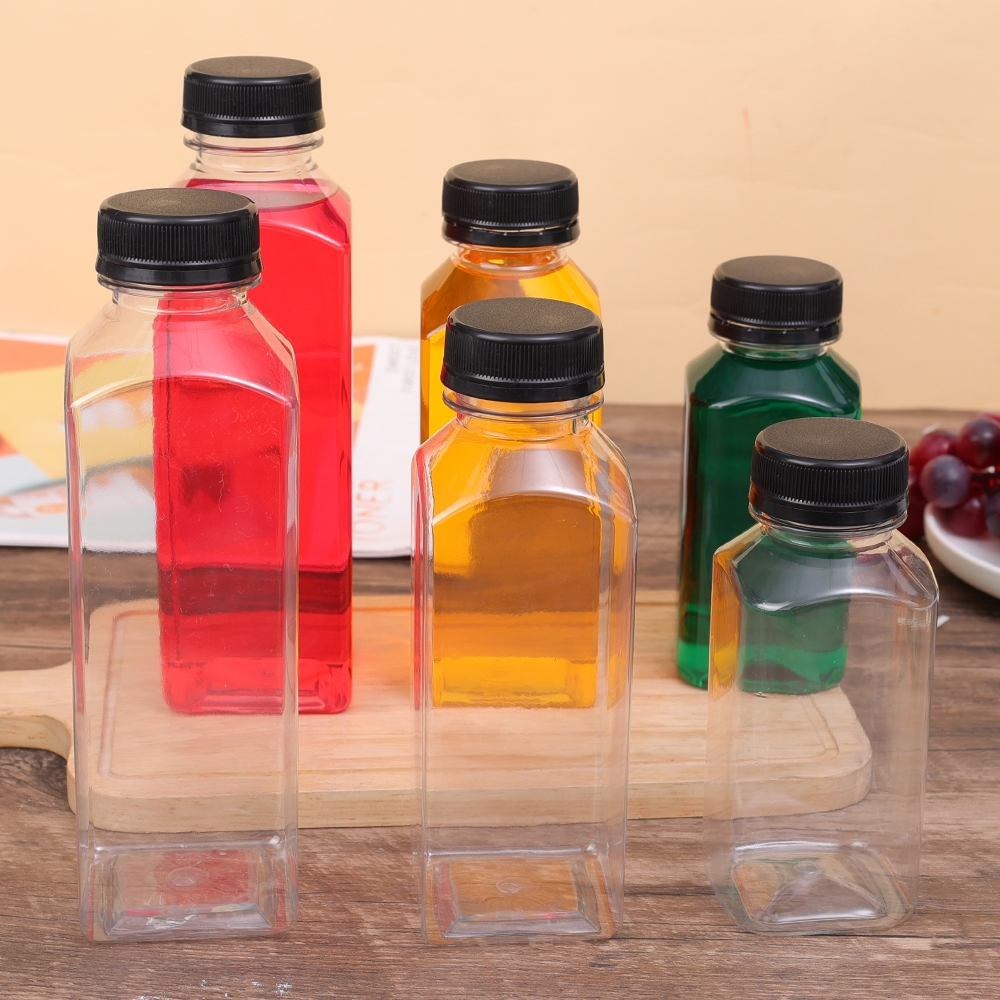Leere Saftflaschen aus Kunststoff mit Kappen, Wasserflaschen, transparente Getränkebehälter in großen Mengen mit Deckel, Entsafter-Trinkmilch-Marmeladenbehälter
