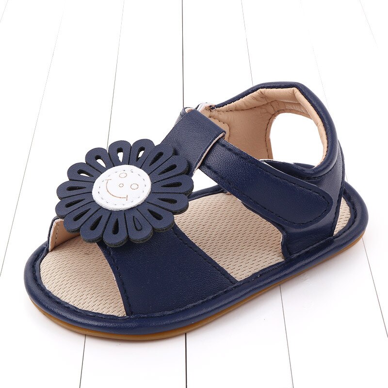 Chaussures de princesse en cuir PU pour bébé fille de 0 à 18 mois, avec fleurs, semelle souple, premiers pas, printemps et été: Dark Blue / 0-6 mois