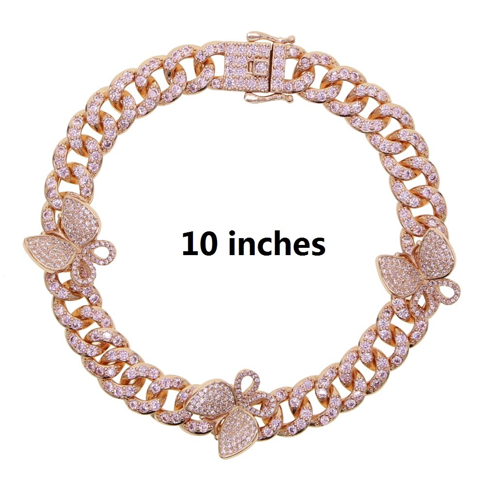 10Mm Breedte Micro Pave Cz Cubaanse Link Enkelbandje Leuke Vlinder 9Inch 10Inch Iced Out Bling Cz Miami cubaanse Enkelbandje Voet Been Sieraden: rose gold pink 25CM