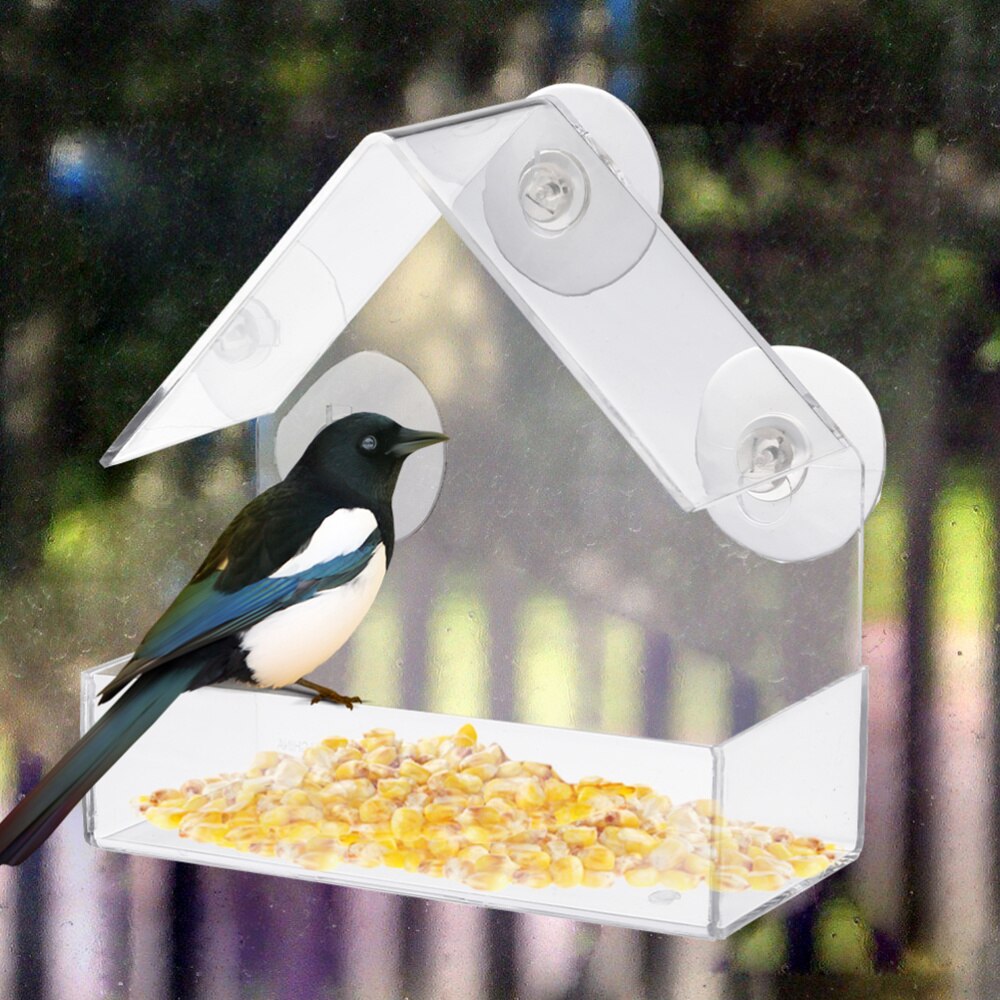 Clear Window Bird Feeder Large Wild Bird Feeder Triangle Shaped Removable Tray With Drain Holes Super Strong Suction Cups