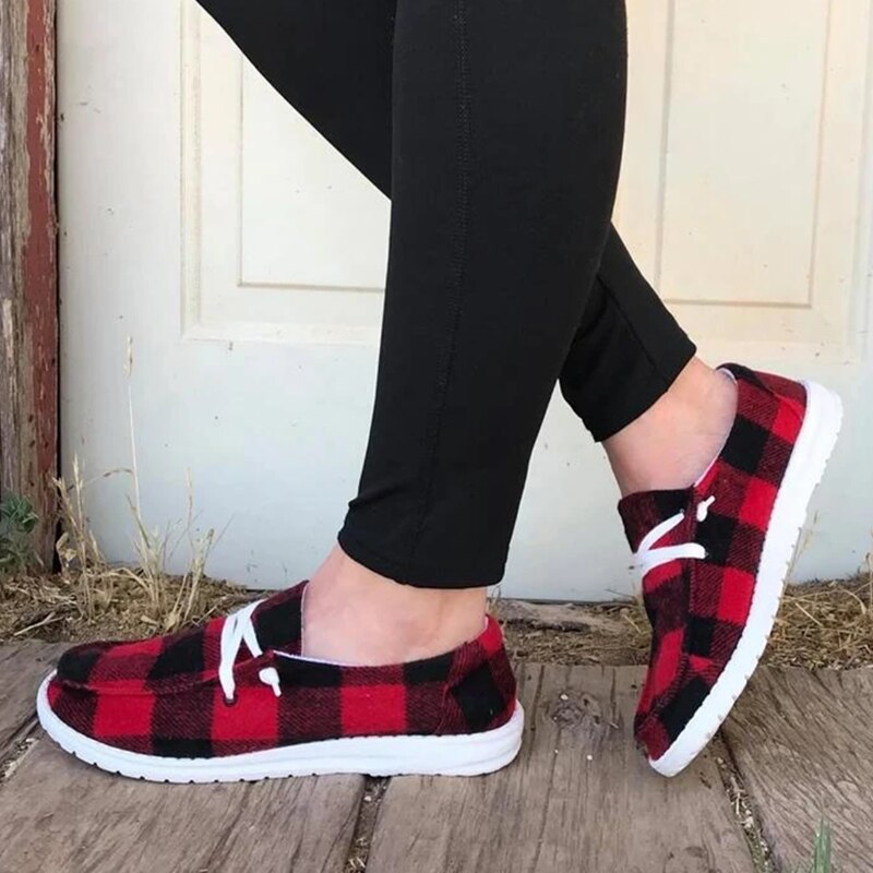 Buffalo plaid slip on sko flad sål snøre afslappet lærred sko til kvinder jul jl